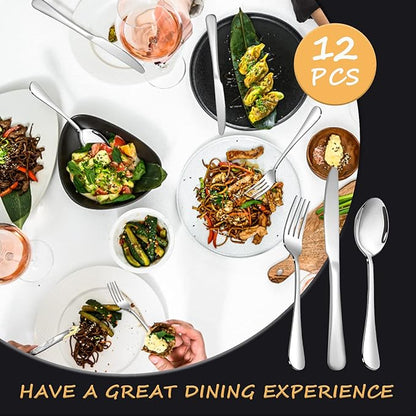 Silverware Set,SANTUO Stainless Steel Knives Spoon Forks Set for Home, Kitchen and Restaurant, Mirror Polished& Dishwasher Safe (12pcs-Silverware set)