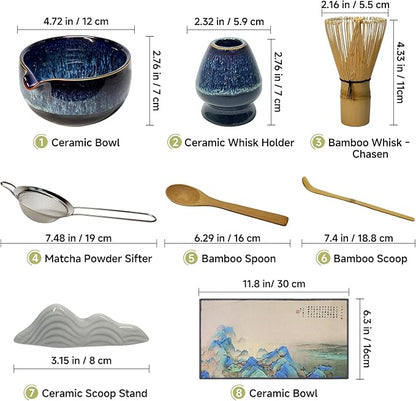 Matcha Whisk Set with Ceramic Bowl - Bamboo Whisk (Chasen), Scoop, Sifter & Holder - Complete Kit for Traditional Matcha Tea - Unique Gifts for Women, Men, Tea Lovers (Luminous-Auric-Sands)