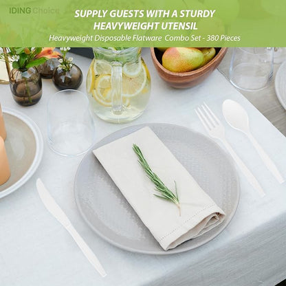 380 Count Heavy Duty Compostable Cutlery Set 140 plastic forks 120 spoons 120 knives eco-friendly no plastic silverware compostable utensils for Weddings, Parties, Office, Camping, Picnic