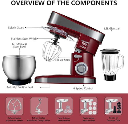 Multifunctional Stand Mixer 6.3Qt 6-Speed Tilt-head, Electric Kitchen Mixer with Stainless Steel Bowl,Meat Grinder, Juice Blender (Red)