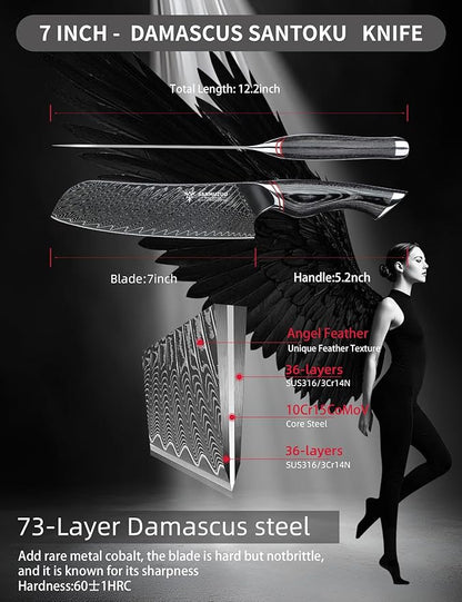 Japanese 7" Santoku Knife - Kitchen Chef Knife - Black Damascus Steel with Ergonomic Handle - MIAO Series