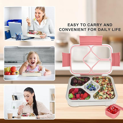 QIBONGS-Stainless Steel Tray Bento Lunch Box with Sauce Cup Drop-Proof, Leak-Proof 4 Compartments Container for Work, Travel, Dishwasher Safe, Made with Food-Safe Materials (Pink)