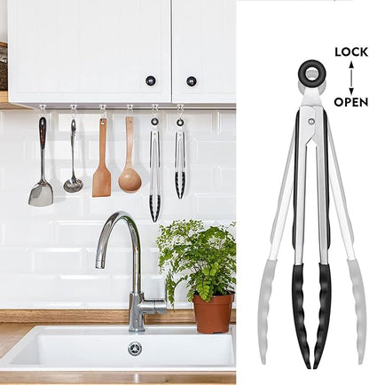 HOTEC Premium Stainless Steel Locking Kitchen Tongs with Silicon Tips, Heat Resistant Cooking Tongs Set of 3-7", 9" and 12" (Black)