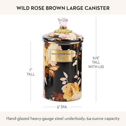 MACKENZIE-CHILDS Enamel Canister, Kitchen Storage Container with Lid, Large, Wild Rose Brown