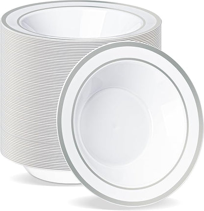 BESTVIP 100 Pack Plastic Disposable Soup Bowls, 12 oz White Dessert Bowls with Silver Rim, Heavy-duty Salad Bowl for Party, Wedding, Christmas, Thanksgiving, Dinner, Catering
