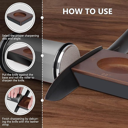 Longer Rolling Knife Sharpener with Leather Strop, Upgraded Rolling Knife Sharpening with 4 Degree Angle and 4PCS Replaceable Honing Discs, Easy to Sharpen Ktichen Knives, Silver