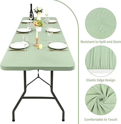 10 Pack Fitted Tablecloth for 8 Foot Rectangle Tables, Sage Green Elastic Outdoor Picnic Table Cover, Washable Stretch Folding Table Cloths 8 ft for Camping Party Patio Kitchen Banquet, 30" W x 96" L