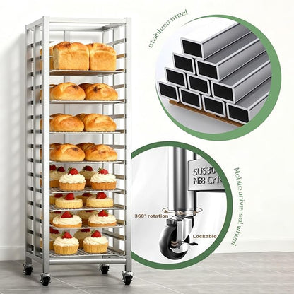 Bun Pan Rack, Commercial Bakery Sheet Rack with Brake Wheels, 30-Tier Stainless Steel Baking Tray Food cart ，for Bakeries Restaurant & Catering（Trays Not Included） ﻿ (30 Tier)