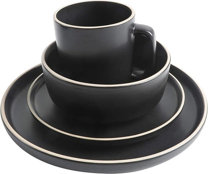 Gibson Home Zuma 16 Piece Round Kitchen Dinnerware Set, Dishes, Plates, Bowls, Mugs, Service for 4, Matte Stoneware, Black