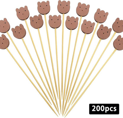 BLUE TOP 200PCS 4.7 Inch Brown Bears Bamboo Cocktail Picks Bamboo Toothpicks Fruit Picks for Home Party Appetizers Cocktail Decorations Charcuterie Board
