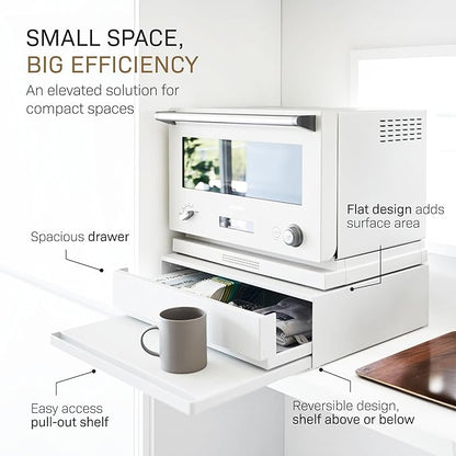 YAMAZAKI Home Tower Kitchen Countertop Organizer Appliance Stand with Drawer and Pull-Out Shelf – Steel Microwave Stand with Drawer, Modern Countertop Shelf Organizer, White, Space-Saving Design