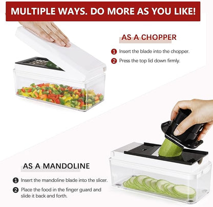 Vegetable Chopper, Onion Chopper Dicer, Mandoline Slicer, Food Chopper with Container, Vegetable Cutter for Salad Potato Carrot Garlic（9 Blades, White Black）