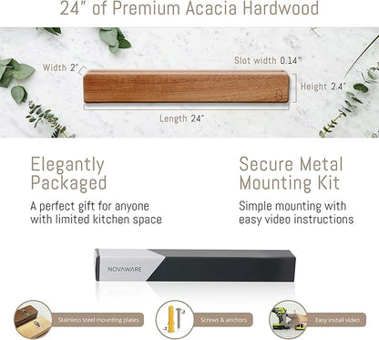Premium 24 inch Magnetic Knife Holder for Wall with 2x Storage & Charming Wood - Knife Magnetic Strip, Under Cabinet Magnet Knives Storage - Magnet Strip Rack Kitchen Utensil Holder Organizer Tool