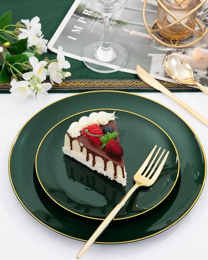 PULOTE 60PCS Green Plastic Plates - Heavy Duty Green Disposable Include 30 Each (10 inch Dinner & 7 inch Dessert) Plates, Ideal for Party & Christmas