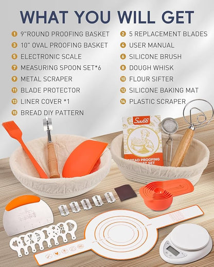 30-Pcs Sourdough Bread Baking Supplies - Sourdough Starter Kit | Including 9 inch Round and 10 inch Oval Banneton Proofing Basket，Precision Measuring Spoons，Electronic scales