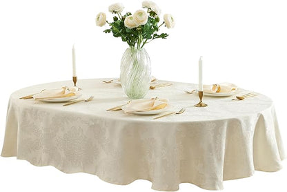 Newbridge Barcelona Luxury Damask Fabric Tablecloth, 60” Wide x 102” Oval, Antique White, 100% Polyester, No Iron, Soil Resistant Dining Room, Party and Banquet Table Cover