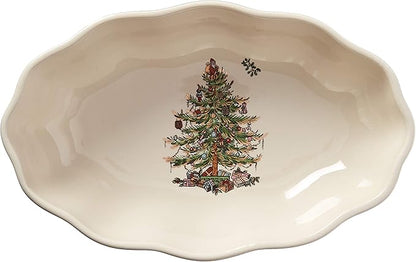 Spode Christmas Tree Gold Cranberry Dish & Server - 8" Festive Serving Bowl & 8" Metal Handled Spoon for Holiday Appetizers, Desserts, Seasonal Dishes - Dishwasher Safe Tableware