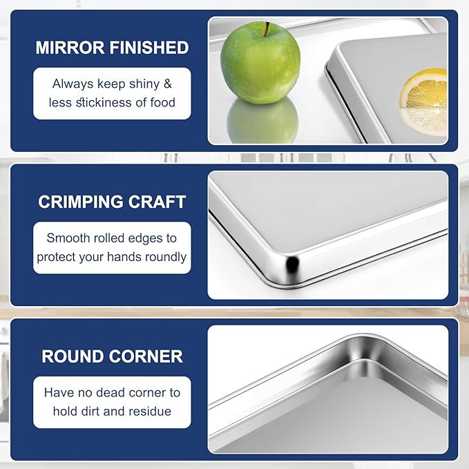 P&P CHEF 10.5 Inch Baking Cookie Sheet, Oven Pan Tray Stainless Steel Sheet Pan for Kitchen, Oven Bakeware for Multi Uses, Shiny Look & Dishwasher Safe, Healthy & Heavy Duty, 1Pc