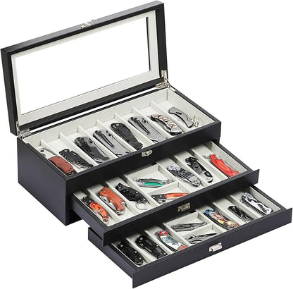 AUTOARK 3-Tier PU Leather & Velvet Knife Organizer with 26 Slots,Transparent Glass Top & Drawer,Compact Storage for Pocket Knives,Ideal for Men's Collections & Gifts,Black,MKAW016