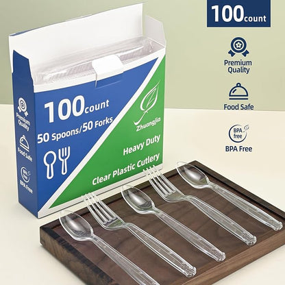 100 Count Plastic Silverware Heavy Duty 50Forks50Spoons | Shatterproof BPA-Free Disposable Cutlery Heat Resistant Disposable Plastic Utensils for Catering & Events, Party Supplies