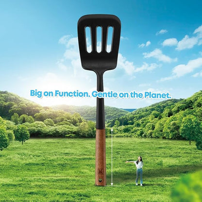 Silicone Slotted Large Spatula: Cooking Turner with Wooden Handle for Flipping and Lifting, Heat Resistant Cookware, BPA Free, Protects Surfaces with Gentle Head Design