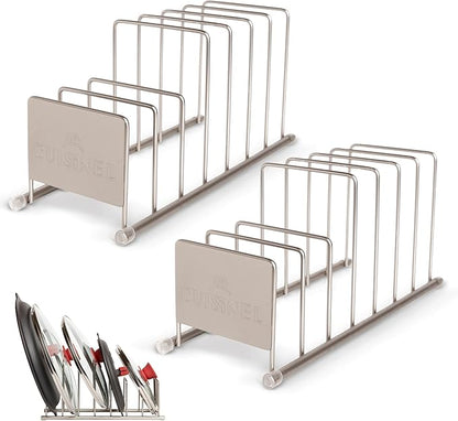 Cuisinel Lid and Dish Organizer Rack - 2-Pack Satin Nickel Kitchen Storage Organization Stand - Plate Holder, Pan/Pot Covers, Cutting Board and Cookie Sheet Divider - 7-Tier Cabinet/Counter Display
