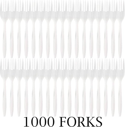 Plasticpro Cutlery Plastic Forks Medium Weight Disposable Silverware (White,1000 Forks)