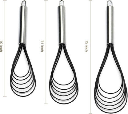 Flat Whisk Set,Stainless Steel 3 Pack 10''+11''+12'' Premium Sturdy-6 Silicone Heads Non Stick Wires Whisk for Blending Beating Stirring Kitchen Cooking by Jell-Cell (Black)
