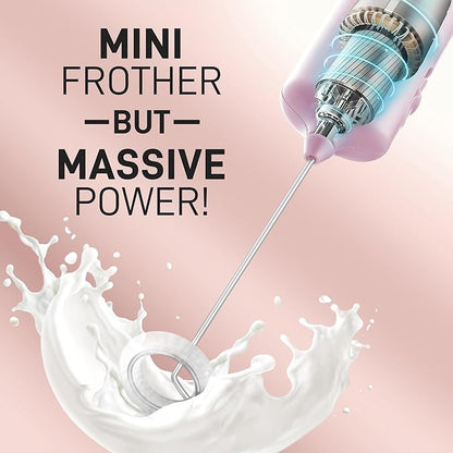 Mini & Mighty Milk Frother Wand – Powerful Handheld Coffee Frother, Battery Operated Drink Mixer – Compact Pocket Size – Detachable Whisk for Latte, Cappuccino, Matcha, Hot Chocolate – Pink