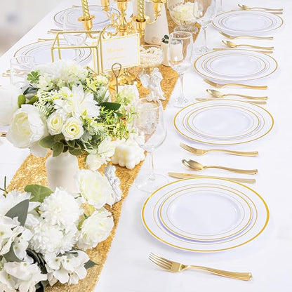 WDF300 Pieces Gold Plastic Silverware - Heavy Duty Disposable Cutlery Set Plastic Gold Silverware Set Includes 100 Forks, 100 Spoons, 100 Knives for Party/Thanksgiving