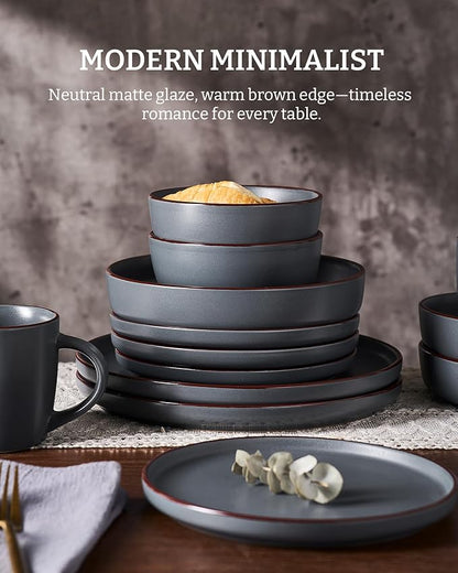 Famiware Mercury Plates and Bowls Sets, 12 Pieces Stoneware Dinnerware Sets, Dishes Set for 4, Microwave and Dishwasher Safe, Charcoal