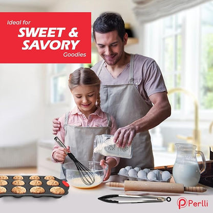 PERLLI Non-Stick 17-Piece Baking Pan Set, BPA-Free Carbon Steel Bakeware Set with Silicone Handles, Stackable Kitchen Oven Set, Cookie Sheet, Baking Tray, Baking Sheet Set, Utensils, Oven Safe (446°F)