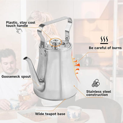 68OZ/2000ML Stainless Steel Teapot with Removable Infuser for Loose Leaf & Tea Bags, Stovetop Safe Tea Maker Water Kettle for Home Kitchen Hotel Restaurant Outdoor, Silver
