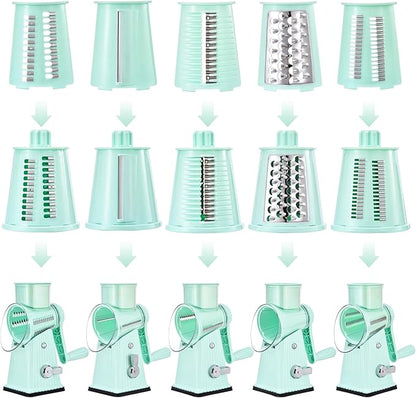 Xilrvna Rotary CheeseGrater, Vegetable Shredder 5 in 1 CheeseGraterwithHandleedderReinforcedSuction,EasytoClean,KitchenChopperforCrushed Ice,Fruits and Nuts with Blade Storage Case（Green）