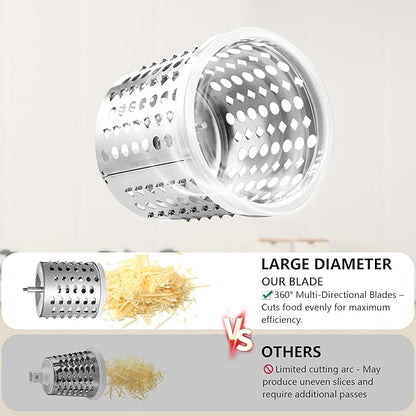 4-in-1 Rotary Cheese Grater Handheld, Lightweight Body with 4 Stainless Steel Blades & Non-Slip Suction Base, for Shredding Parmesan, Slicing Vegetables, Grating Chocolate（White）