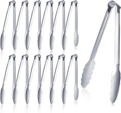 12 pieces Buffet Tongs 9'' Inches Serving Tongs Heavy Duty Stainless steel Kitchen and BBQ Utility Tong (Silver, 9inch)