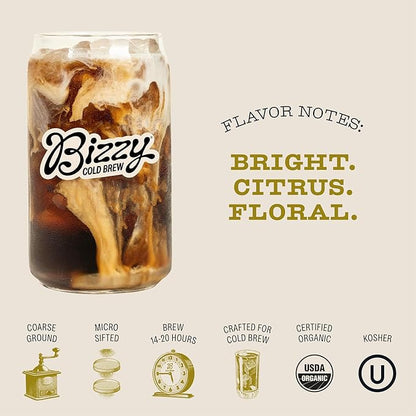 Bizzy Organic Cold Brew Coffee | Light & Bright Blend | Coarse Ground Coffee | Light Roast | Micro Sifted | Specialty Grade | 100% Arabica | Brew Bags | 4 Count | Makes 14 Cups (Pack of 2)
