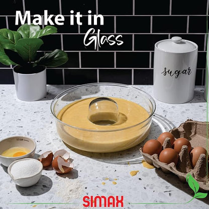 SIMAX Glass Bundt Cake Pan, Shallow (4.75”), Heat, Cold, and Shock Proof, Holds 2.1 Quarts (8.4 Cups), Made in Europe, Great for Ring Cakes, Puddings, Desserts, Monkey Bread, and More