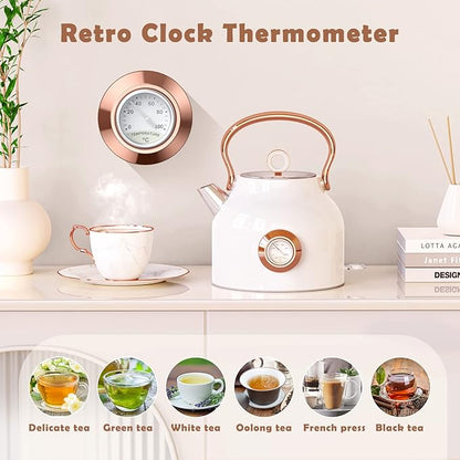 Retro Electric Kettle, 1.7L Stainless Steel Tea Kettle with Large Temperature Gauge, 1500W Fast Heating Hot Water Boiler with LED Indicator, Auto Shut-off & Boil-Dry Protection-Reteo White