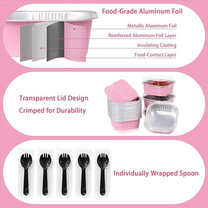 FORBFAN 150 Pcs Square Mini Cake Pans with Lids, 10 oz Individual Mini Loaf Pans, 4.4x4.4 Pink Aluminum Foil Cupcake Baking Cups