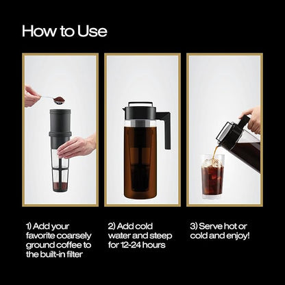 Takeya Glass Cold Brew Coffee Maker for Iced Coffee, Airtight Pitcher, Premium Quality, 2 Quart, Black Lid and Handle