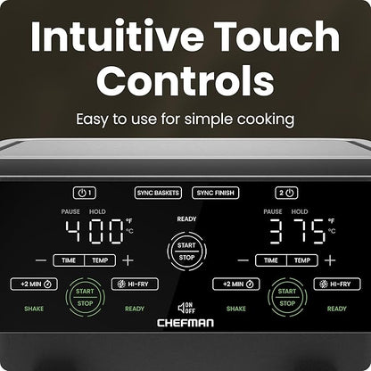 CHEFMAN 6 Quart Dual Basket Air Fryer Oven with Easy View Windows, Sync Finish, Hi-Fry, Auto Shutoff, 2 Independent 3Qt Nonstick Dishwasher Safe Frying Baskets, Digital Double Air Fryer - Black