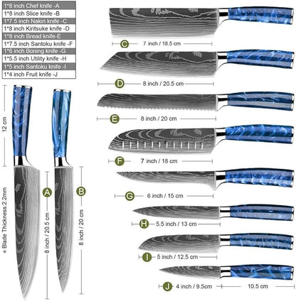 8-Piece Premium Japanese Kitchen Knife Set - Imperial Collection, Laser Damascus Pattern, 440A Stainless Steel Ultra Sharp for Fast Cutting (Blue 8J)