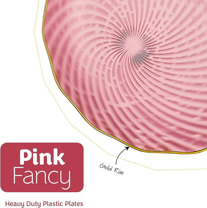 PLASTICPRO 60 Pack Plastic Plates Set of 30-10 inch Plates and 30-7 inch Plate, Elegant Clear Pink Spiral and Gold Rim Disposable Fancy Dishes Heavyweight