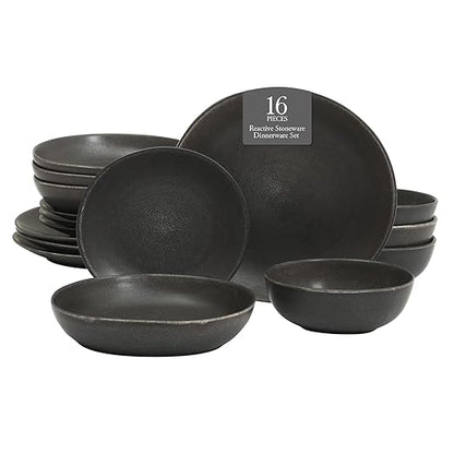 Gibson Elite Zion Mist 16 Piece Stoneware Reactive Glaze (Service for 4) Ceramic Plates and Bowls Modern Organic Dinnerware Set - Black