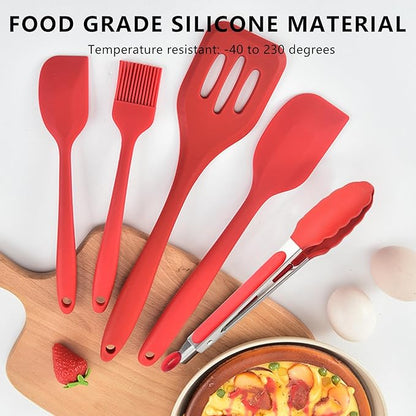 NileHome 4 Pack Silicone Spatula and Grilling Tongs Kitchen Utensils with Silicone Brush Heat Resistant BPA-free Rubber Spatula for Scraping, Baking, Cooking, Mixing-Red