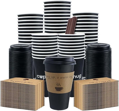 100 Pack 16 oz Coffee Cups,Disposable Hot Drink Paper Cups with Lids & Sleeves - 16 Ounce Black Party Cups Perfect for Hot Beverages, Party, Office, and Home Use