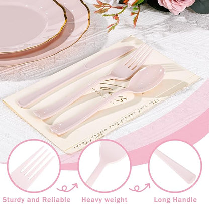 Supernal 300 Pieces Pink Plastic Silverware Heavy Duty Disposable Silverware Pink Utensils Disposable Cutlery Set 100 Forks 100 Knives 100 Spoons for Wedding Party Supplies Everyday Use
