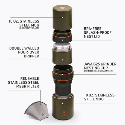 VSSL - Nest Pour Over Coffee Kit | Coffee Maker for Camping | All-In-One Travel Pour Over | Transportable Dripper, Two 10oz Stainless Steel Travel Mugs | Compact Storage & Adventure Ready | Deep Moss
