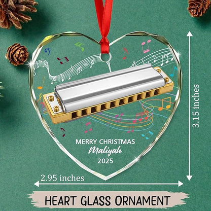 Customized Harmonica Glass Keepsake Ornament, Personalized Text Year Name Harmonica Player Xmas Ornaments Gift for Husband Wife Dad Mom, Unique Harmonicas Glass Christmas Ornament for Appreciation